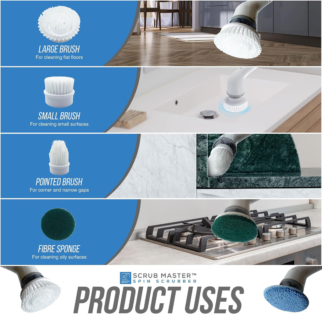 Revolutionize Your Cleaning Routine with the Scrub Master Electric Spin Scrubber - Cordless, Rechargeable, and Equipped with 8 Versatile Brush Heads for Effortless Cleaning in Kitchen, Bathroom, Tiles, Windows, and Cars
